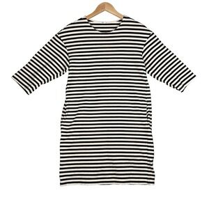 UNIQLO Striped Dress Size M Black & Cream 3/4 Sleeves with Pockets Nautical Prep